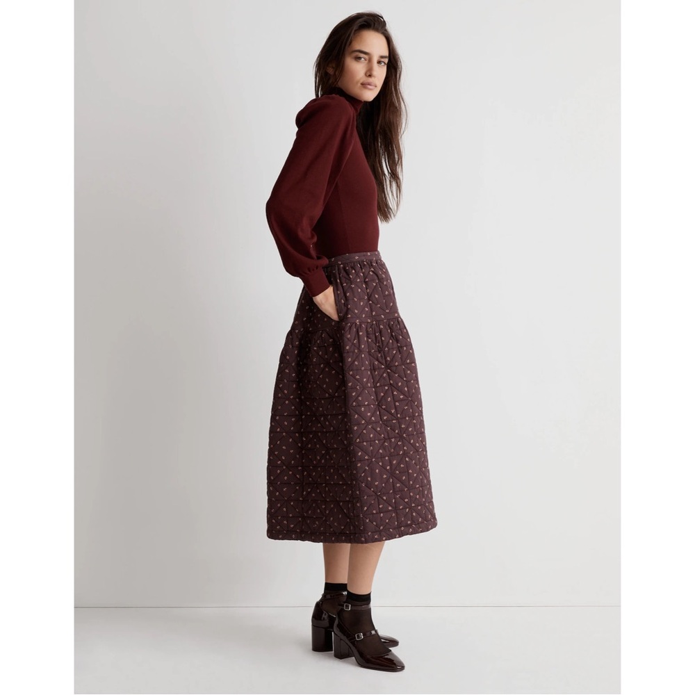 Madewell Quilted Crinkle Floral Midi Skirt - Brown Chocolate Raisin - Picture 3 of 8